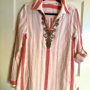 Soft Surroundings Red and White Striped Tunic with Embroidery